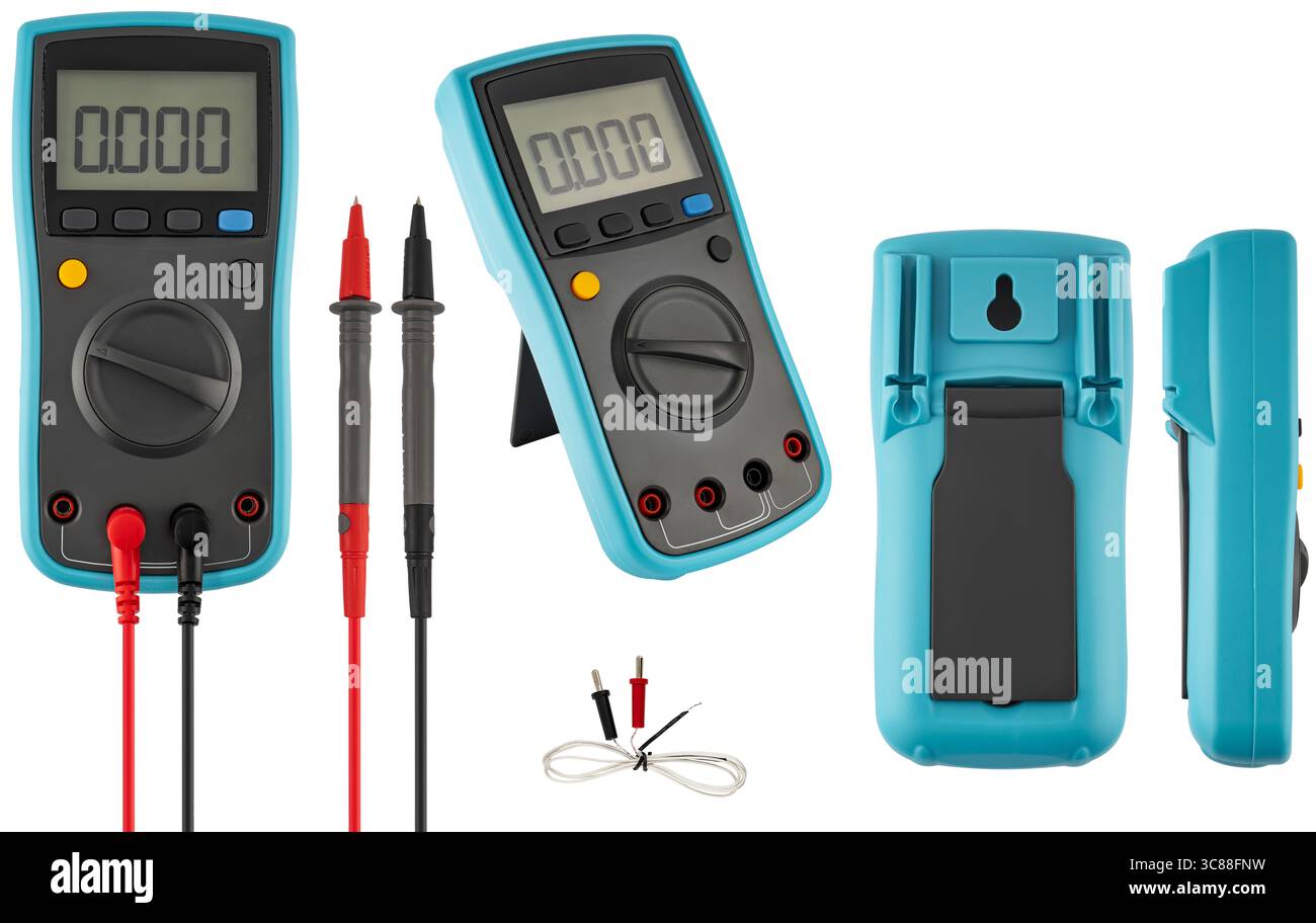 Multimeter on a white background, ideal for home use. A convenient tool for accurate measurement of electrical parameters. Stock Photo