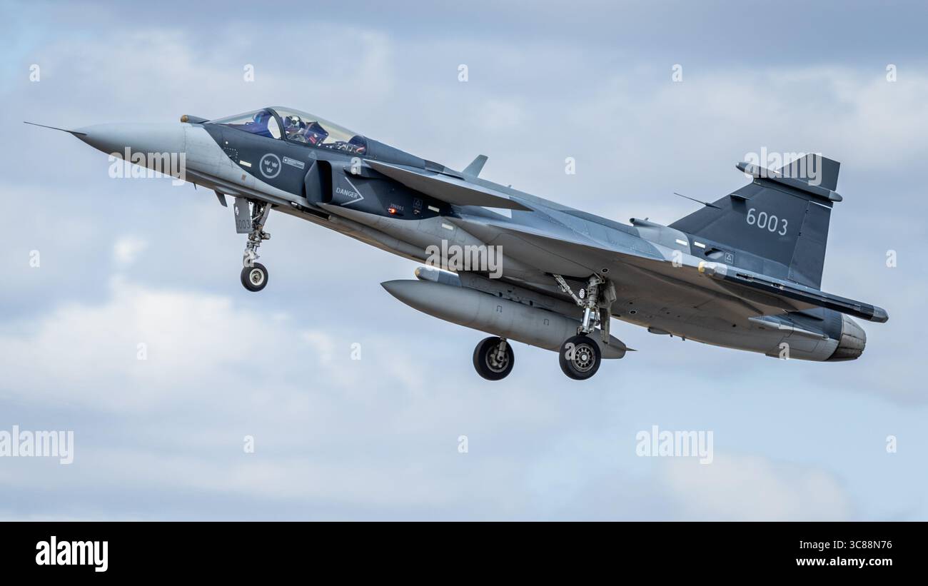 SAAB JAS 39 Gripen - arriving at RAF Fairford for the Royal International Air Tattoo 2025. Stock Photo
