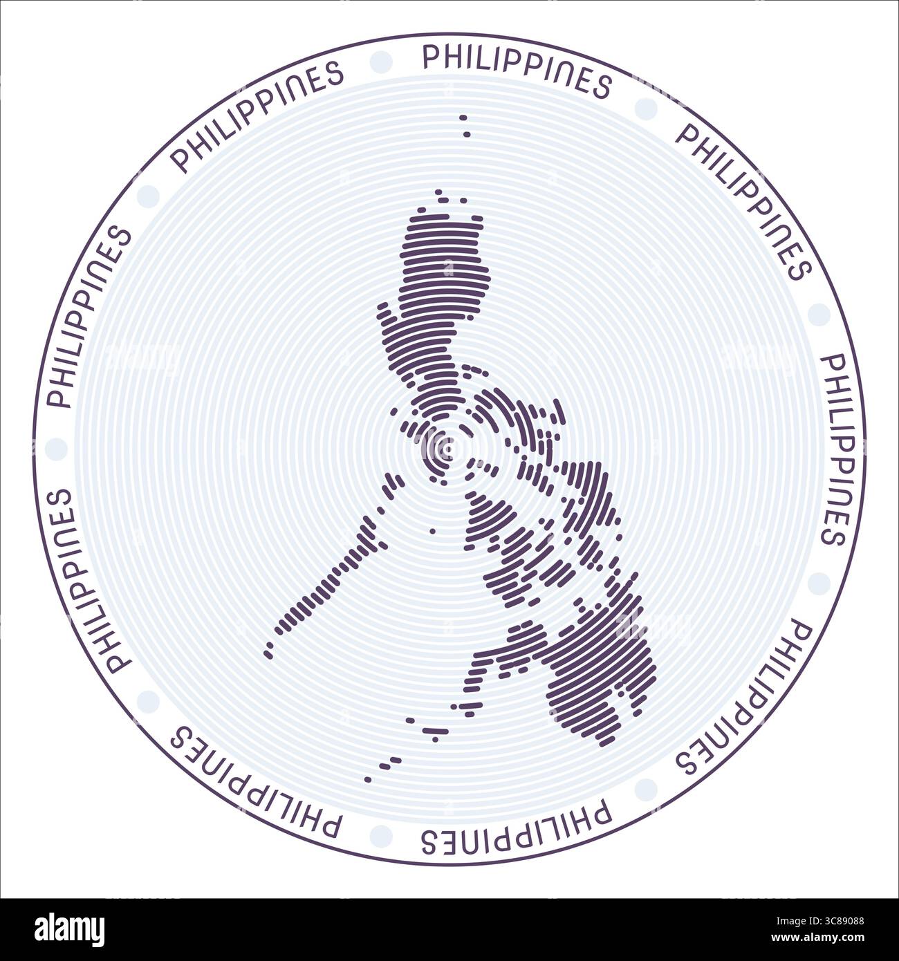 Philippines round logo design. Country shape built of rings. Philippines text around the country. Vector Illustration. Stock Vector