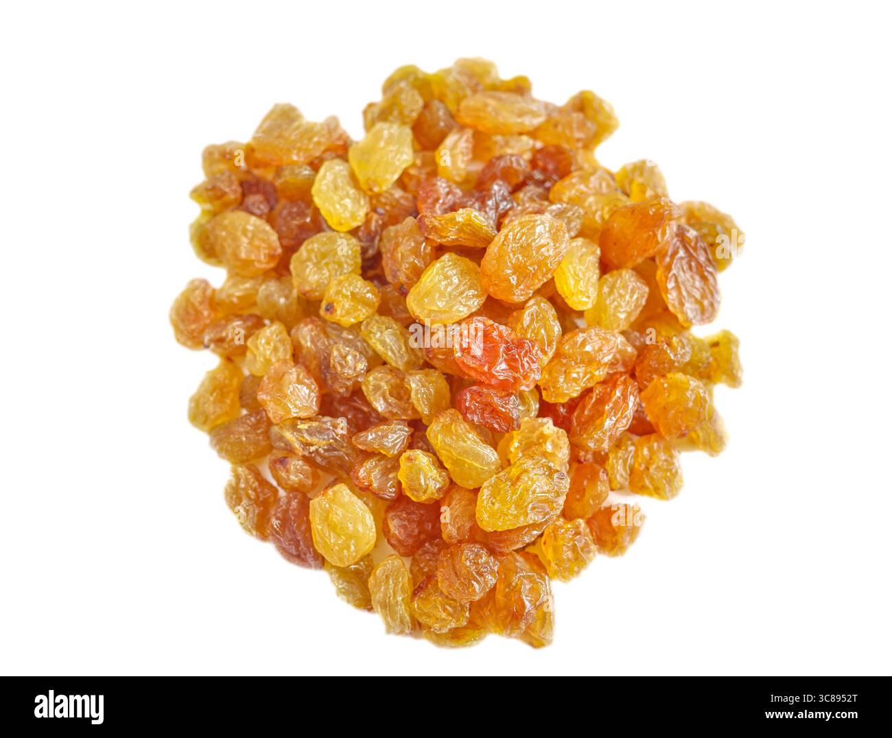 Organic raisins isolated on white background, selective focus. Stock Photo