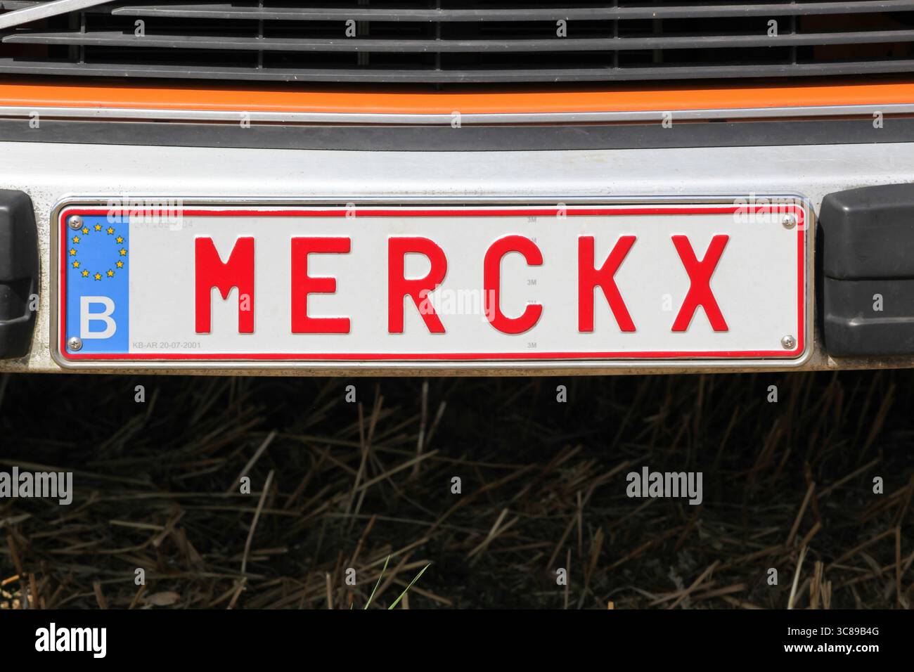 Licence plate of a car with Eddy Merckx. Eddy Merckx was a famous Belgian professional road and track cyclist racer Stock Photo