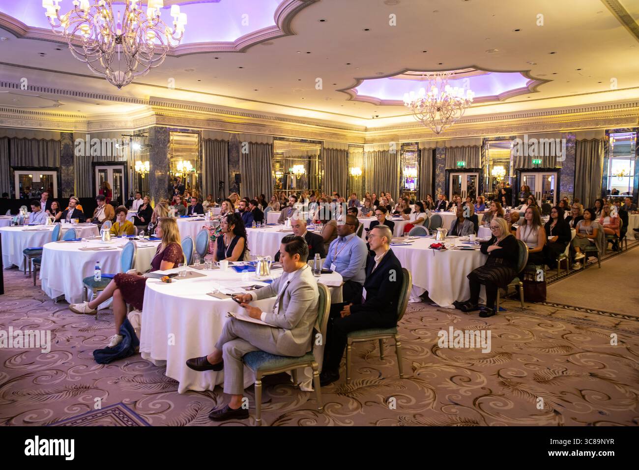 Conference delegates sitting around tables Stock Photo
