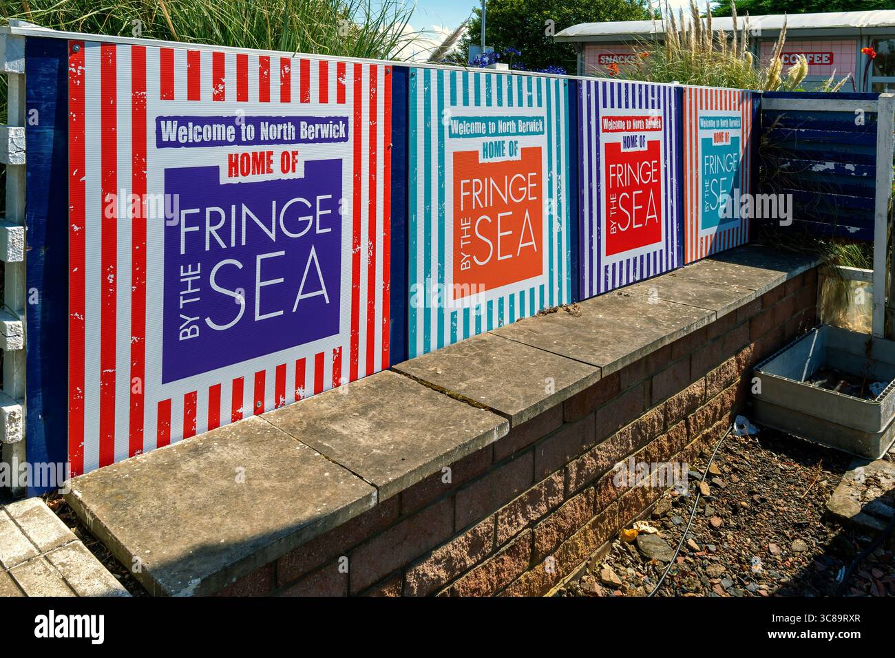 Vibrant posters for Fringe by the Sea in North Berwick—celebrating music, comedy, and culture on Scotland’s stunning east coast. Stock Photo