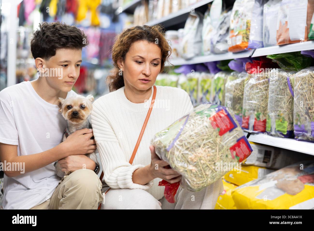Mom and boy with dog Yorkshire Terrier, take hay from shelf, in pet store. Stock Photo
