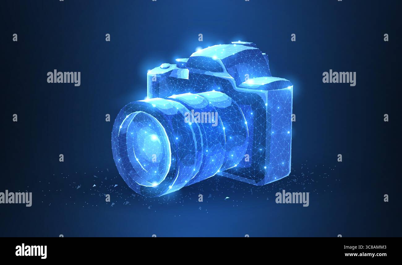 Camera. Abstract 3d polygonal wireframe modern professional camera isolated on blue. Stock Vector