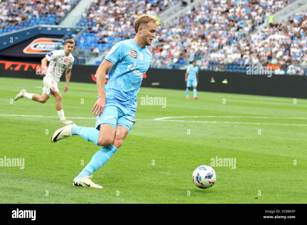 Saint Petersburg, Russia. 03rd Aug, 2025. Luciano Gondou of Zenit is seen  in action during the Russian Premier League football match between Zenit  Saint Petersburg and CSKA Moscow at Gazprom Arena. Final