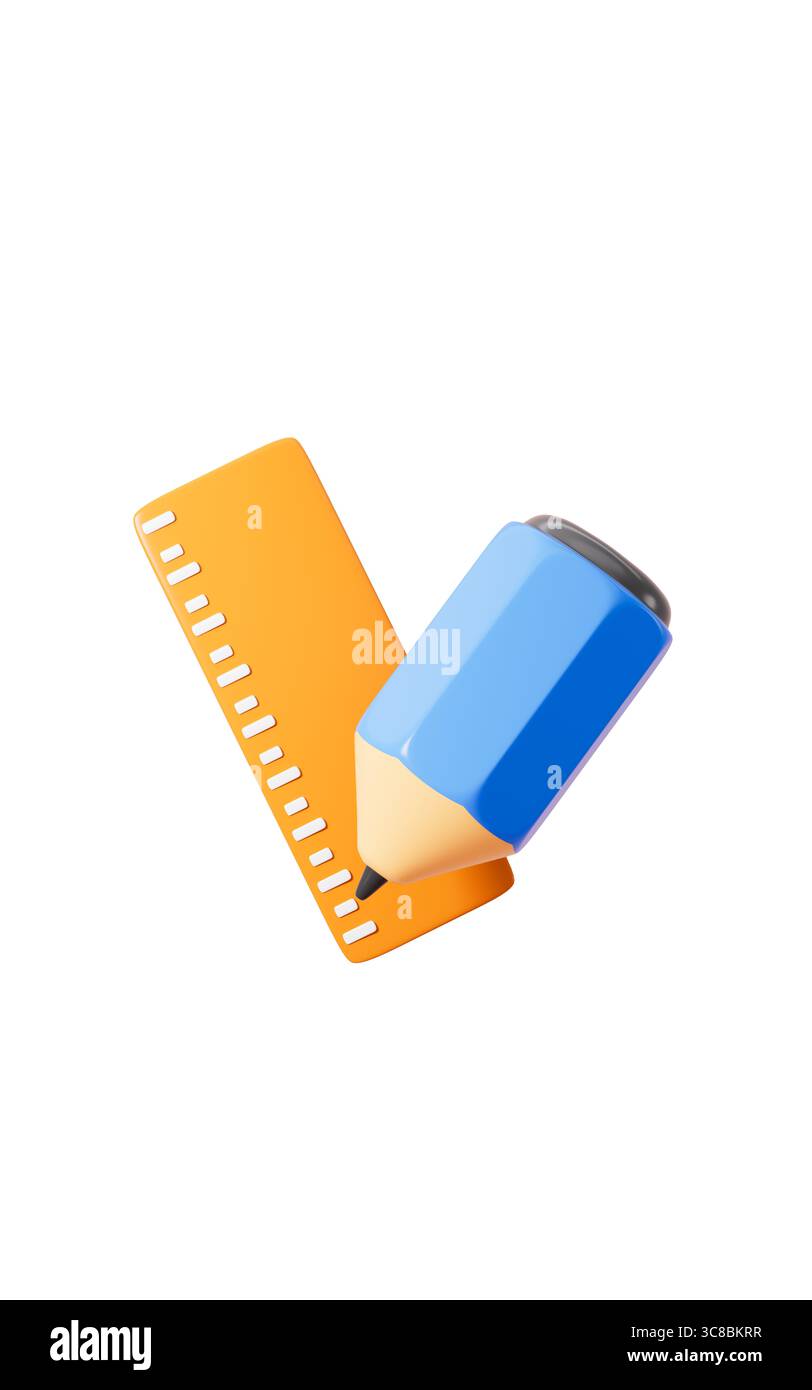Cartoon pencil and ruler in the white background, 3d rendering. 3d illustration. Stock Photo