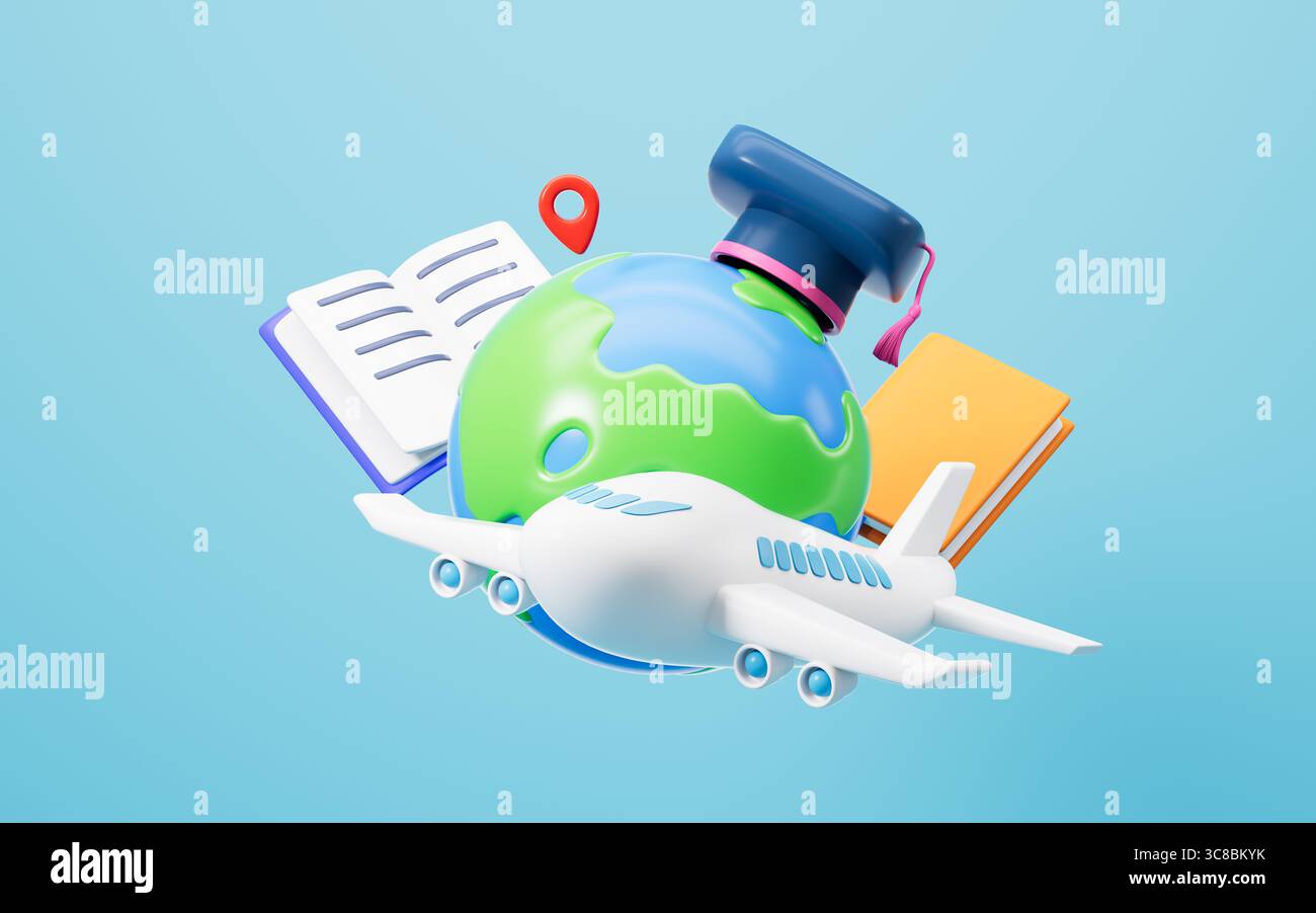 Cartoon earth wearing graduation cap and plane surround around it ...