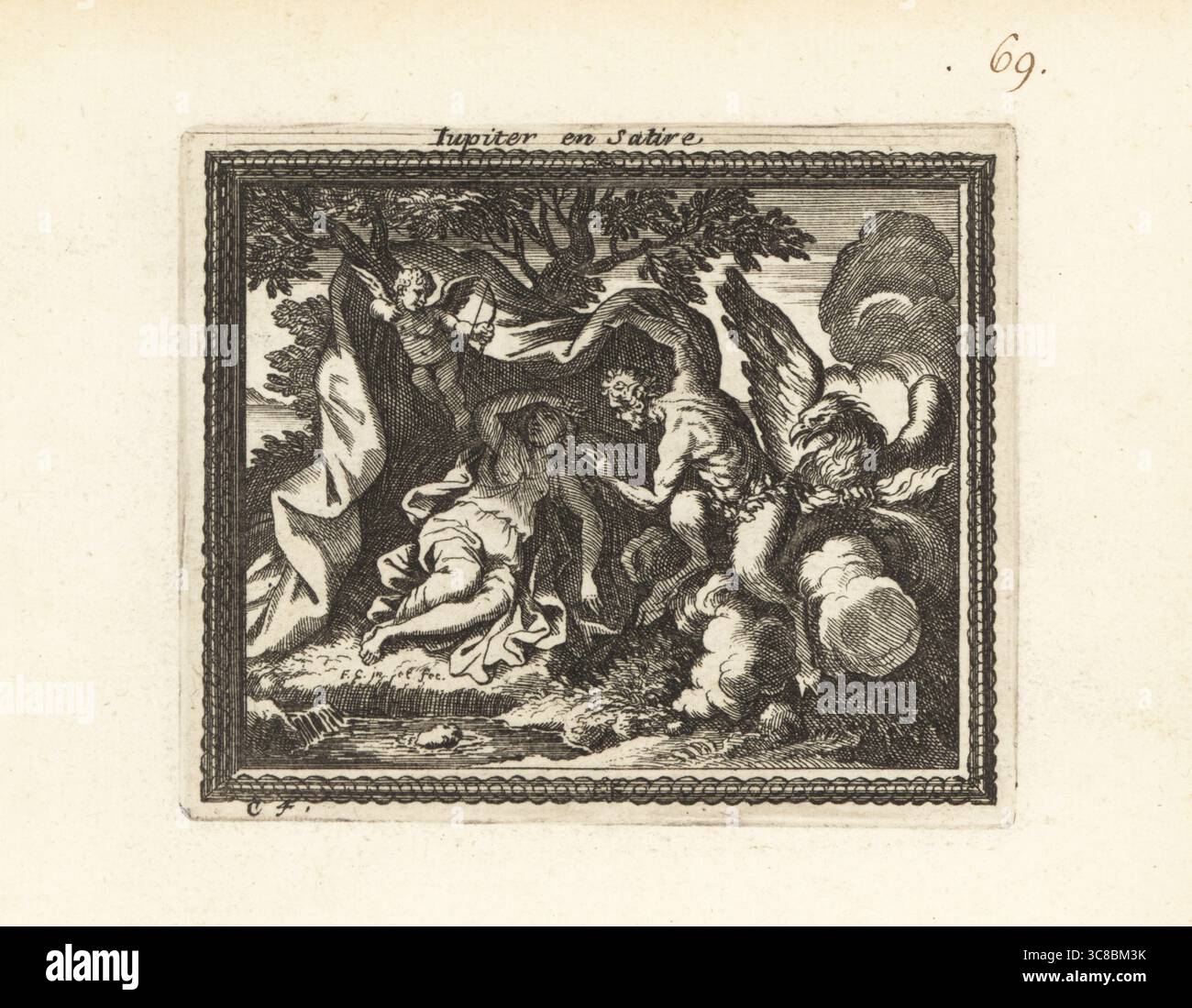 Jupiter transforms into a Satyr to seduce Antiope. The daughter of Boeotian river god Asopus, or King Nycteus of Thebes, she was mother of Amphion and Zethus. Jupiter in a cloud with eagle, accompanied by Cupid with a bow and arrow. Jupiter en Satire. Copperplate engraving by Francois Chauveau from Metamorphoses d’Ovide en Rondeaux, Ovid’s Metamorphoses, chez Audran, Paris, 1676. Stock Photo