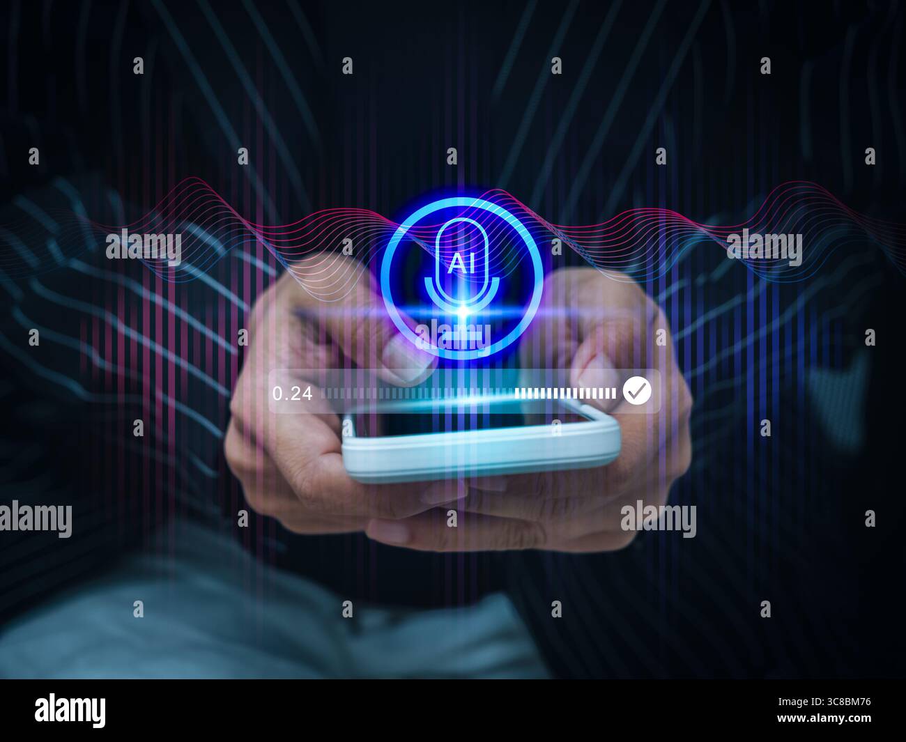 AI voice search and generator tools application technology concept. AI microphone icon with speech recording bar with digital sound wave audio graphic Stock Photo