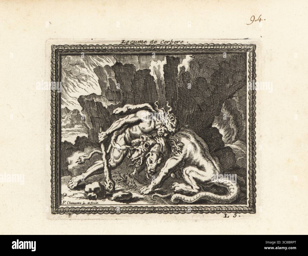 Heracles wrestling Cerberus, the hound of Hades.  Heracles, in lion skin and armed with a club, drags the monstrous three-headed guard dog from the entrance to Hell. The dog spews forth a foam which gives birth to the poisonous plant Aconite. Lecume de Cerbere. Copperplate engraving by Francois Chauveau from Metamorphoses d’Ovide en Rondeaux, Ovid’s Metamorphoses, chez Audran, Paris, 1676. Stock Photo