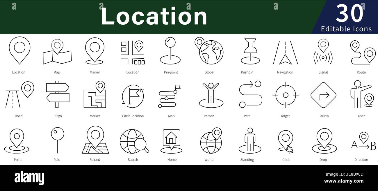 Location Editable Line Icons Set for Map, Navigation, GPS, and Geographic Positioning Stock Vector