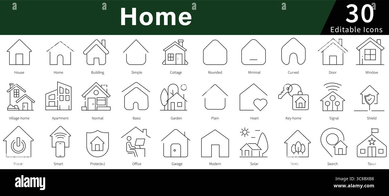 Home Editable Line Icons Set for House, Real Estate, Property, and Residential Buildings Stock Vector