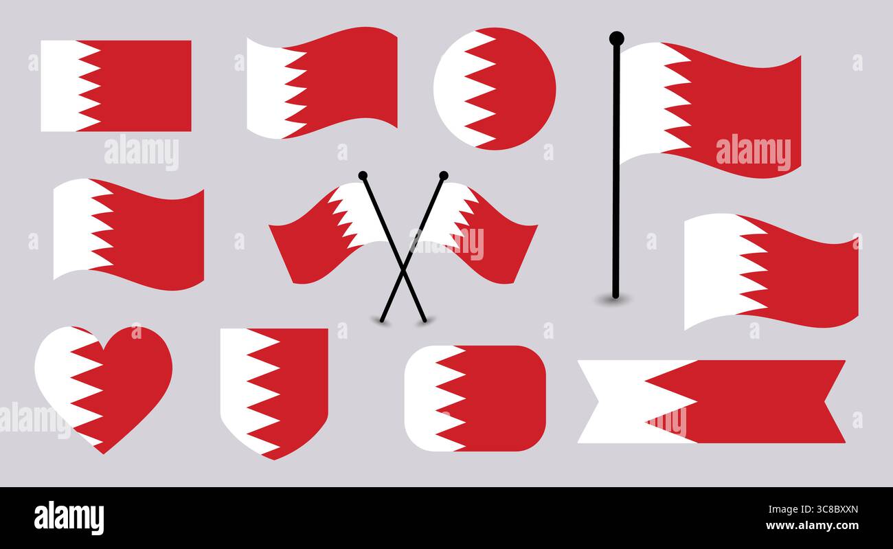 Bahrain Flag Designs in Various Shapes and Styles. Stock Vector