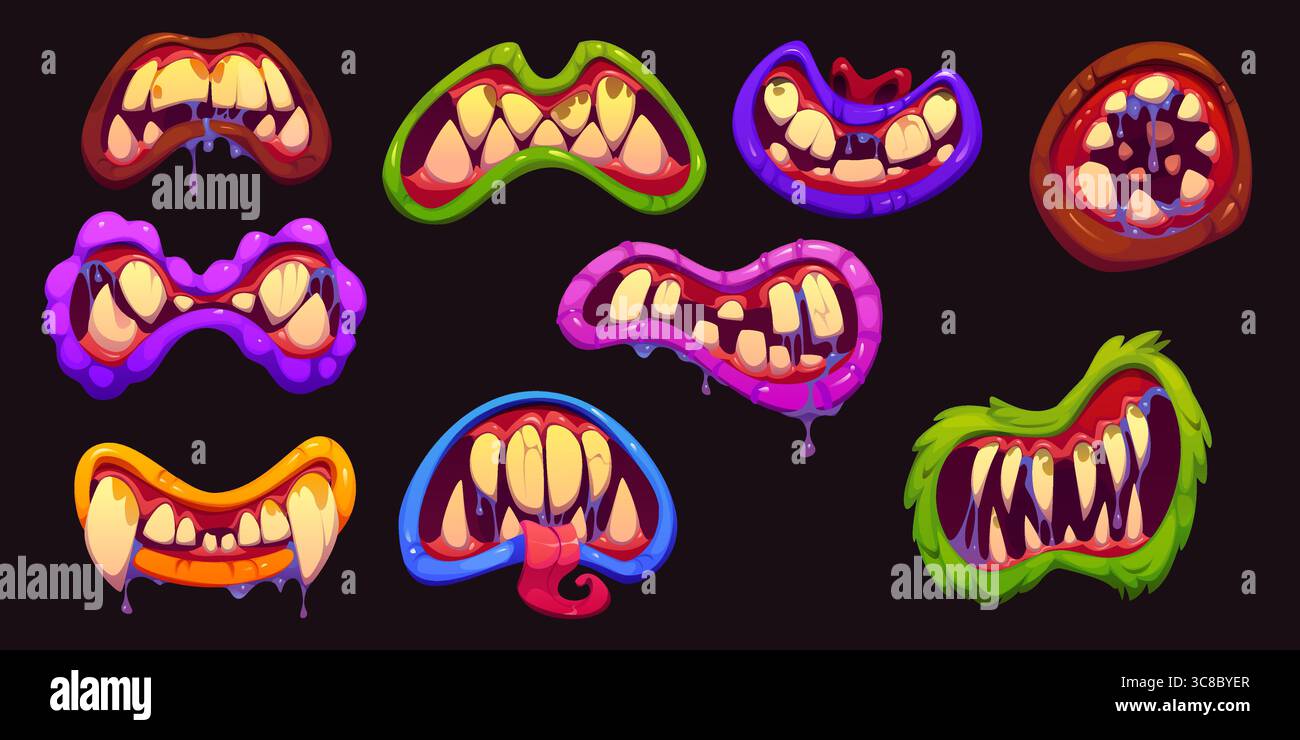 Halloween scary and creepy drool monster grin jaws and mouths with ...