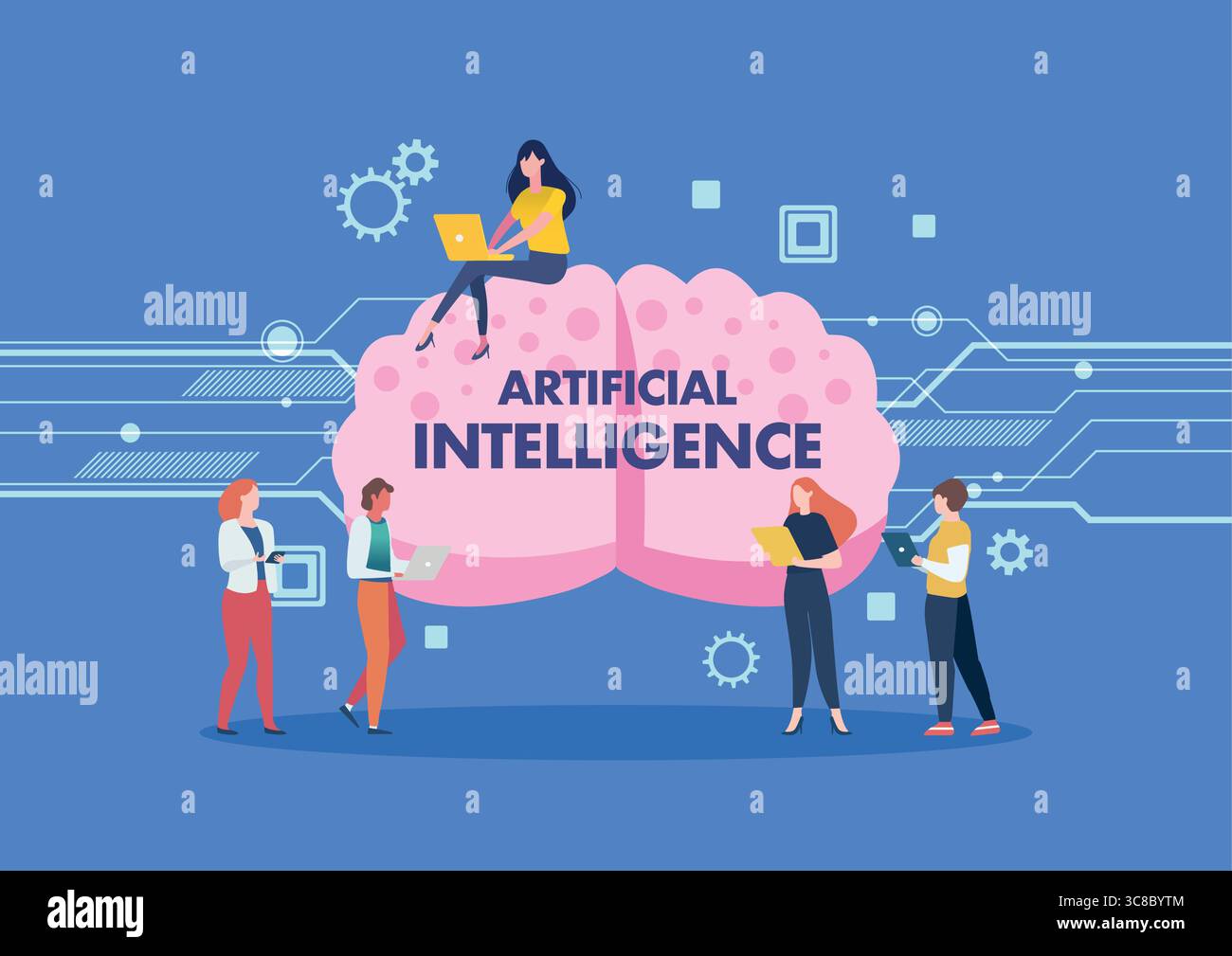 Artificial intelligence digital brain technology and engineering concept with programmer data. Vector illustration Stock Vector