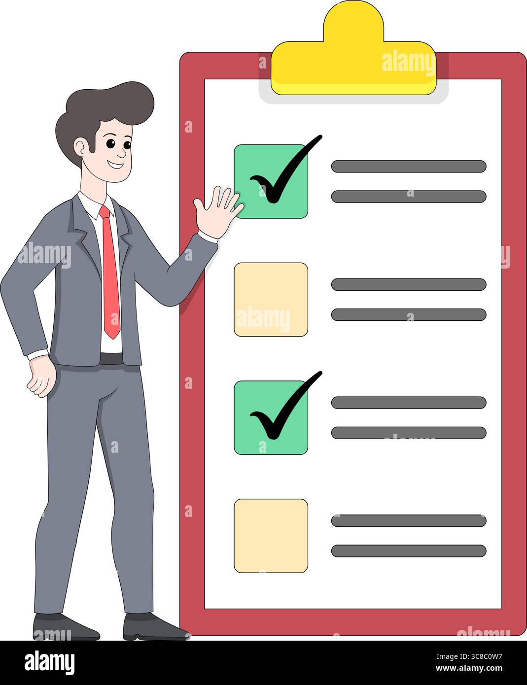 Cartoon businessman standing next to a large checklist clipboard with ...