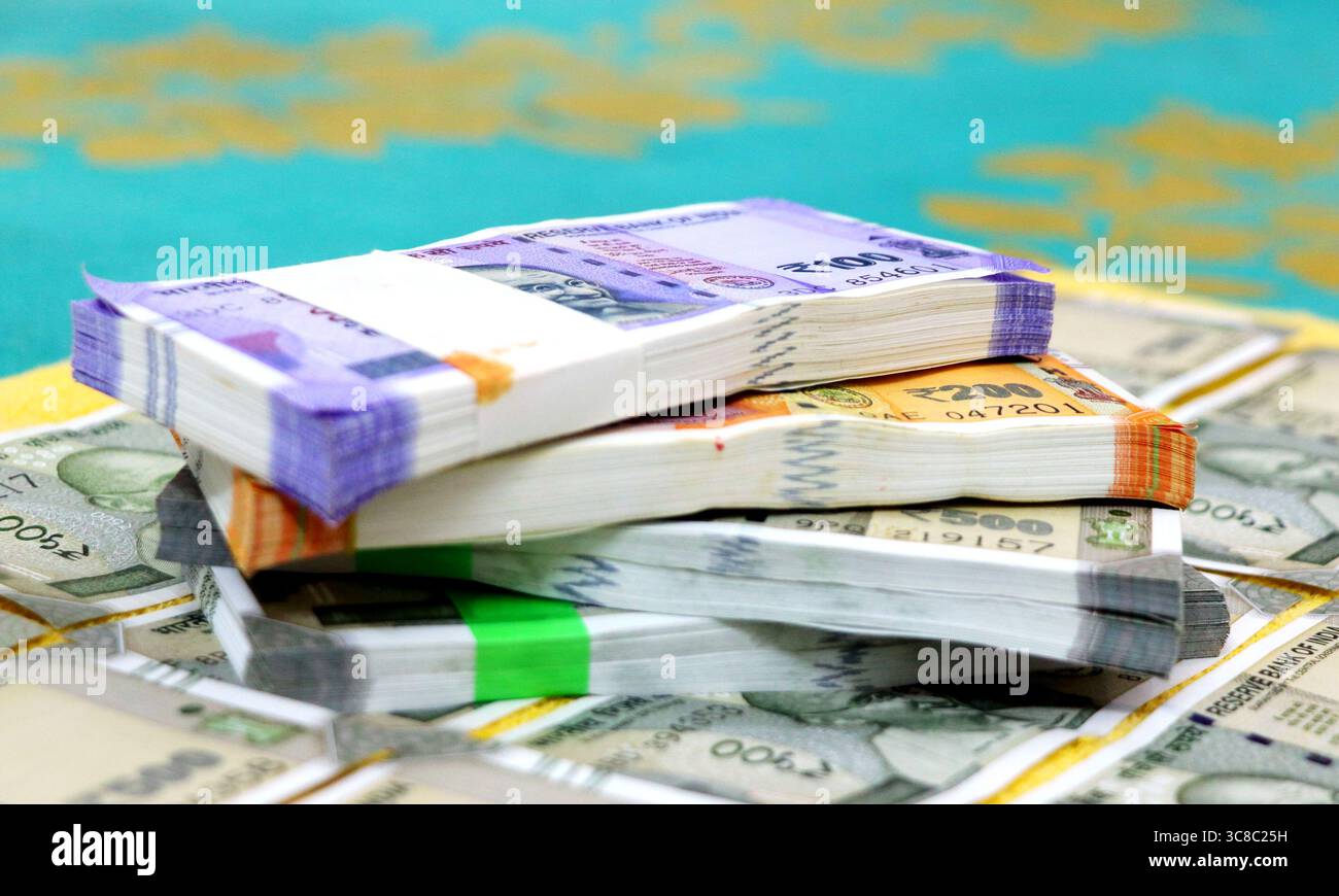Properly arranged of new indian currency notes rupees 50,100,200 and ...
