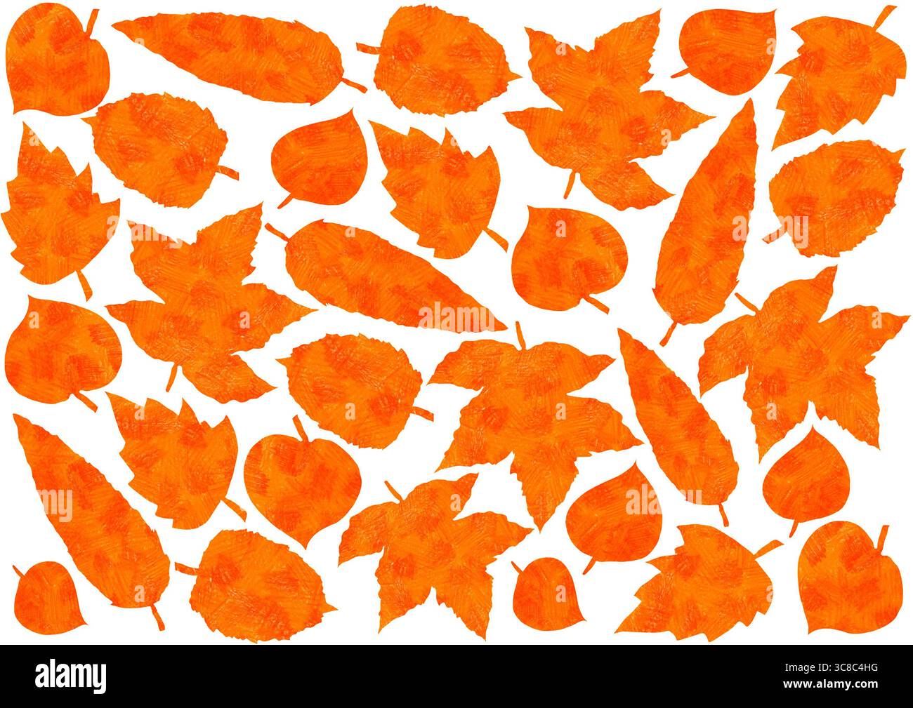 Set of various dry leaves. Drawn with colored pencils. Different textures of cross strokes. Orange colors. Chaotically placed on white background. Lea Stock Photo