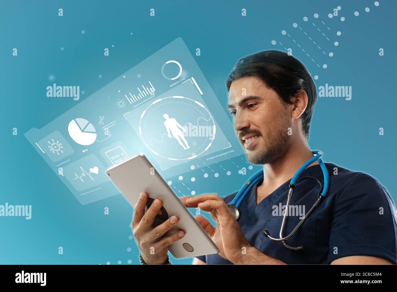 Healthcare professional using digital tablet for patient data analysis in modern hospital setting Stock Photo