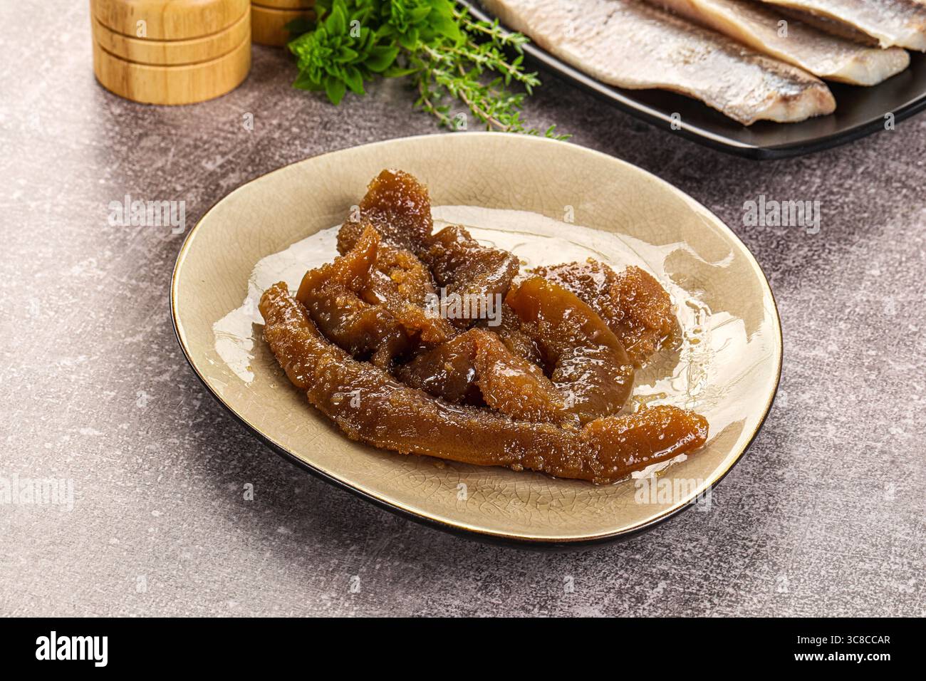 Salted Rae Salted Herring roe snack in the plate Stock Photo - Alamy
