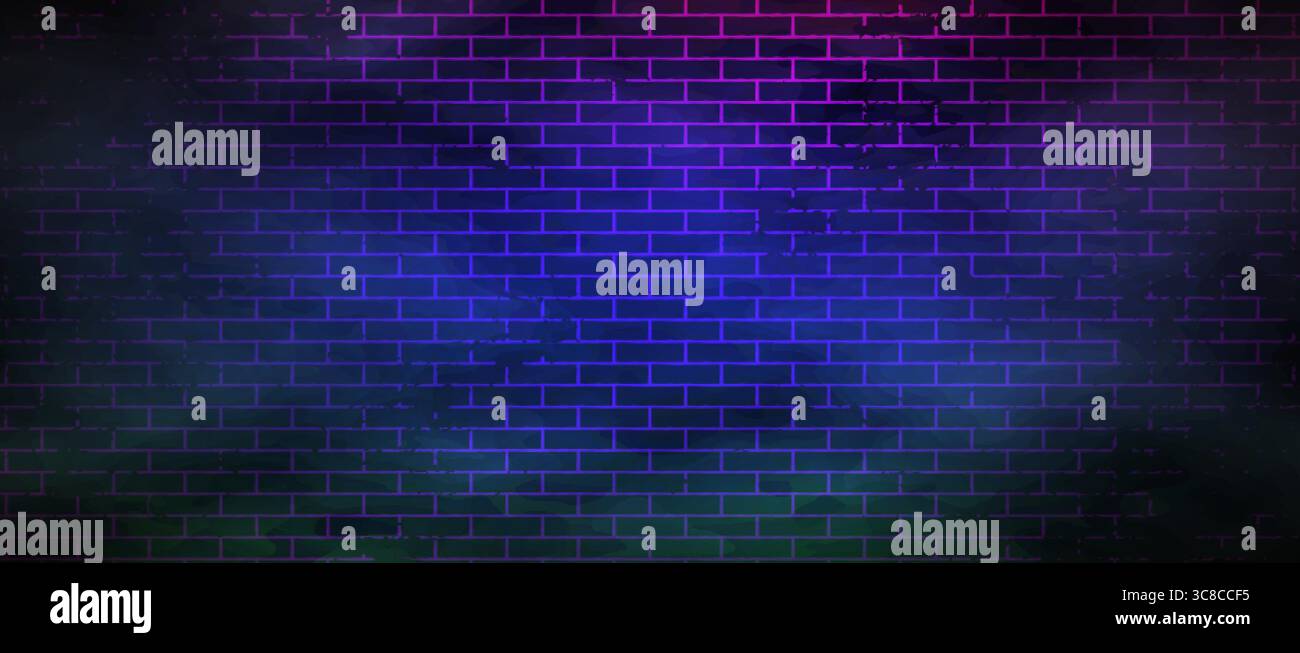 Panoramic Brick Wall With a Neon Lighting. Mystical Background Stock Vector