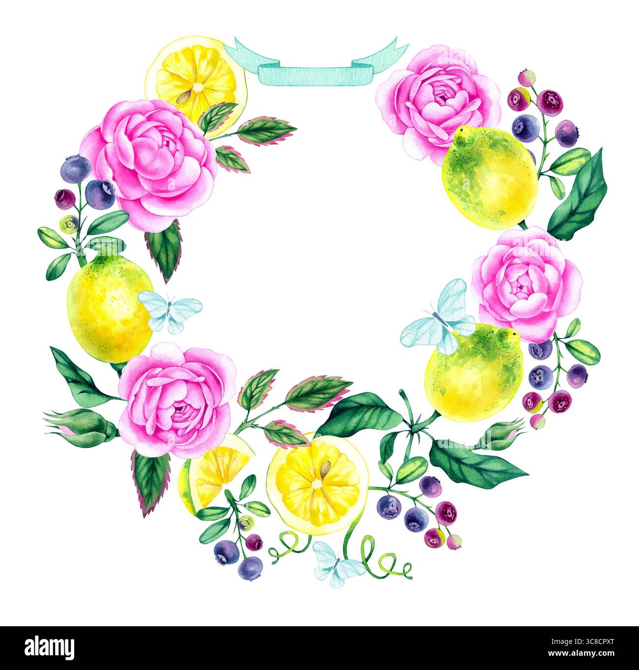 Watercolor hand painted floral wreath with ribbon banner. The wreath is ...