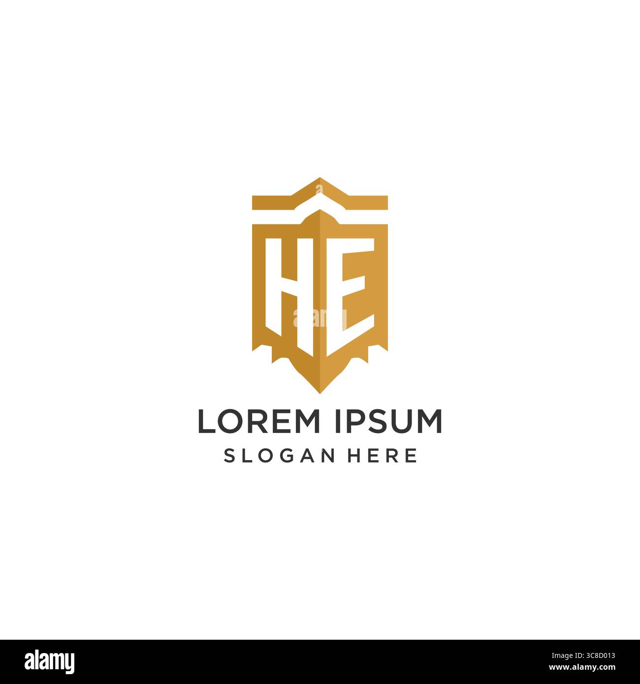 Monogram HE logo with shield geometric shape, elegant luxury initial logo design vector graphic Stock Vector