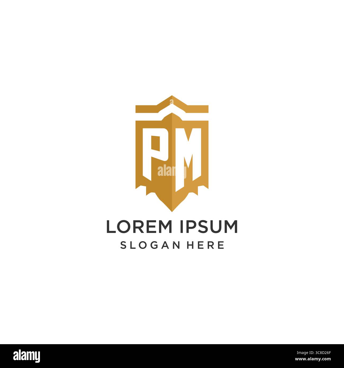 Monogram PM logo with shield geometric shape, elegant luxury initial logo design vector graphic Stock Vector