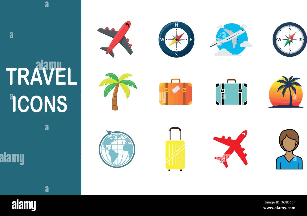 Dynamic travel icons featuring airplanes, suitcases, compasses, and globes for your next adventure Stock Vector