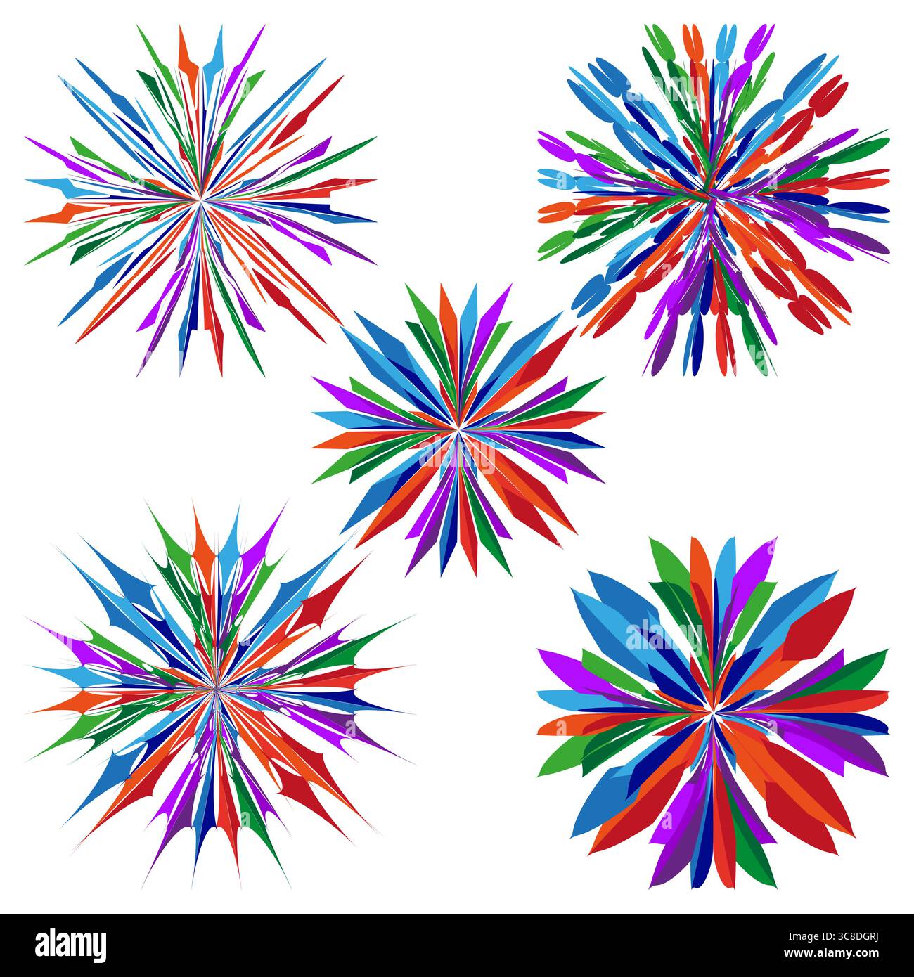 Abstract colorful bursts. Dynamic explosion shapes. Vibrant Vector elements. Energetic splash patterns. Stock Vector