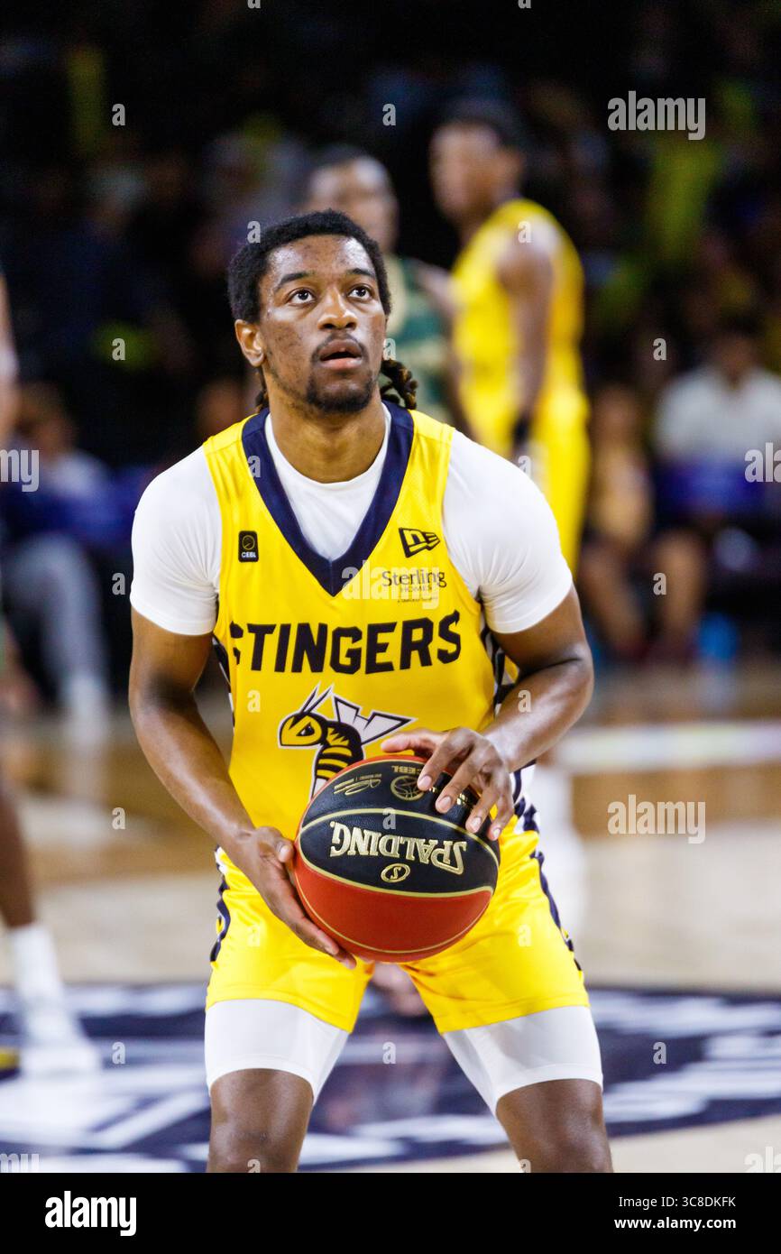 Edmonton, Canada. 03rd Aug, 2025. (5) Sean East II of the Edmonton Stingers seen in Regular Season CEBL action at Edmonton Expo Centre. (Photo by Ron Palmer/SOPA Images/Sipa USA) Credit: Sipa USA/Alamy Live News Stock Photo