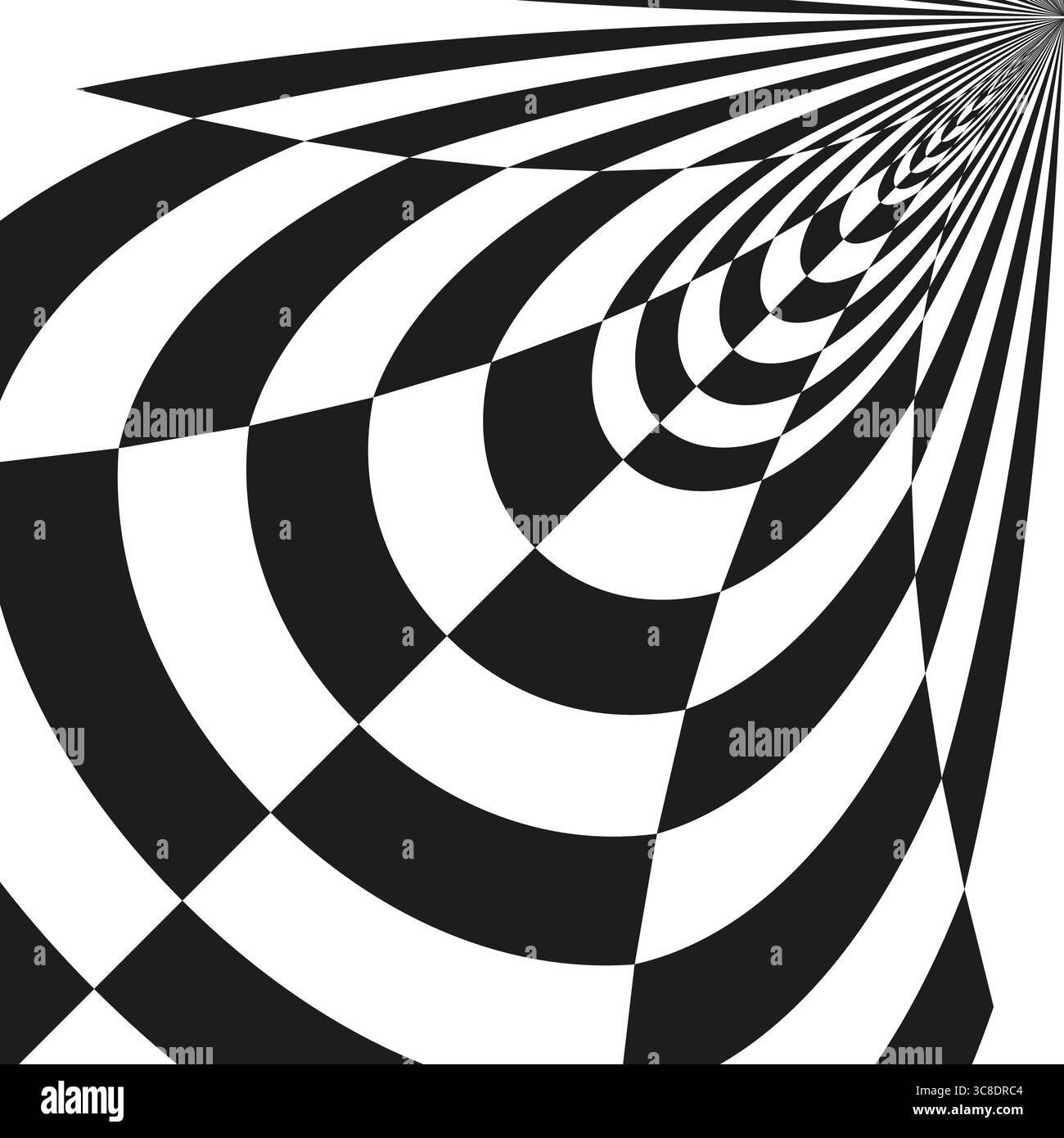 Checkerboard vortex pattern. Warped abstract shape. Black white Vector. Distorted geometric illusion. EPS 10. Stock Vector