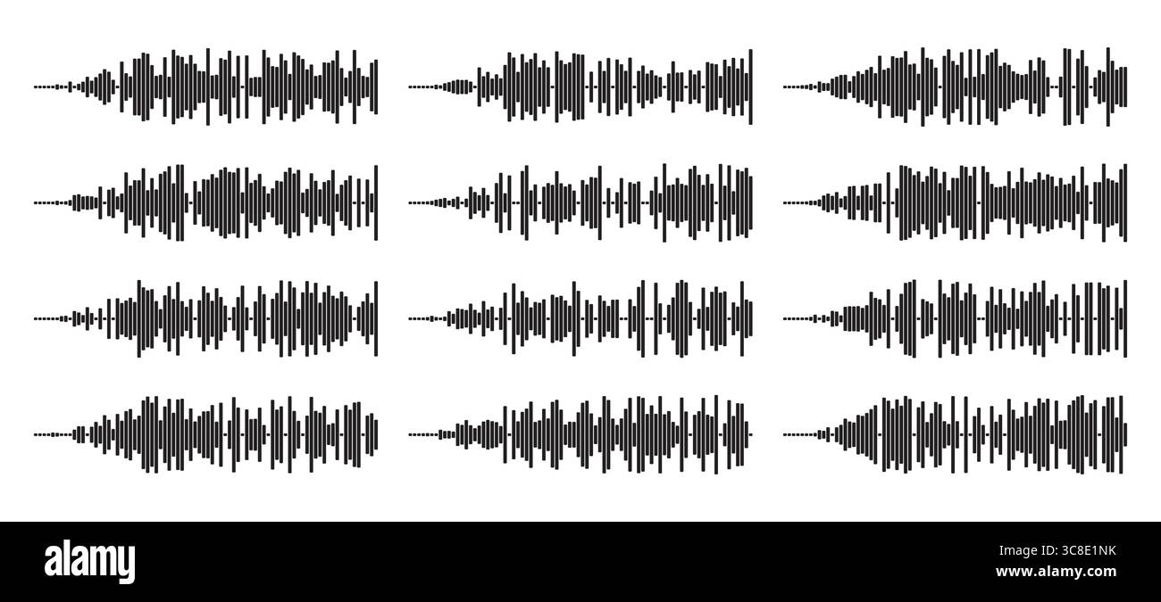 Audio wave tune print, voice message, podcast audio recording. Vector audio player soundwave visualization or voice message sound wave. Podcast audio Stock Vector