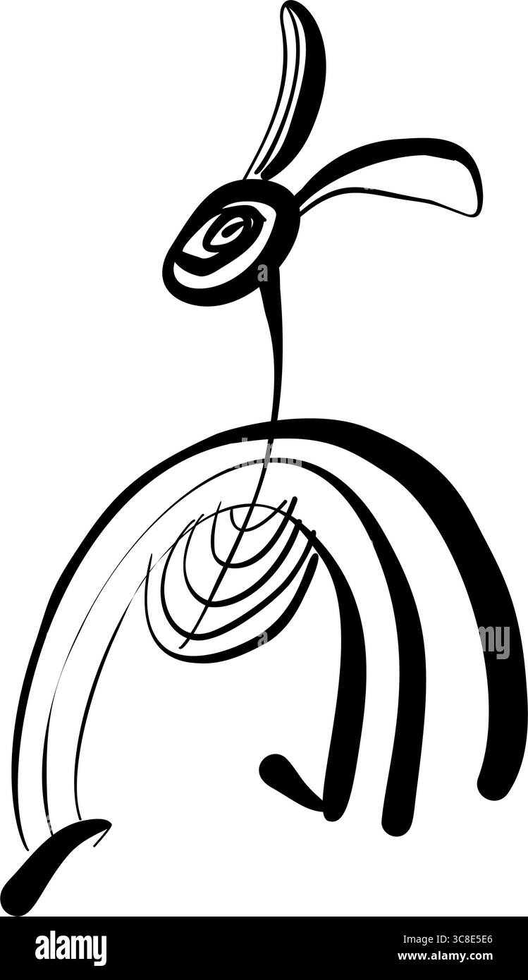 Abstract Organic Shape Style: Ink Drawing of Rabbit on Clean White ...