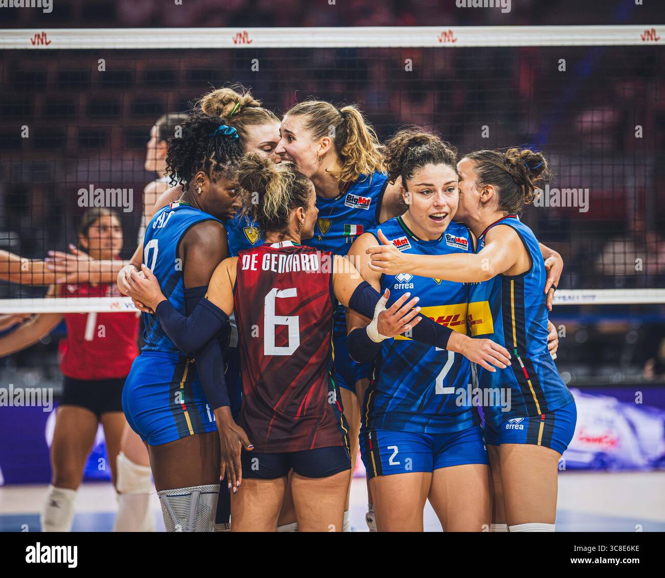 Italy vs United States of America during FIVB Volleyball Nations League 2025 women's match on July 23 in Łódź, Poland. Stock Photo