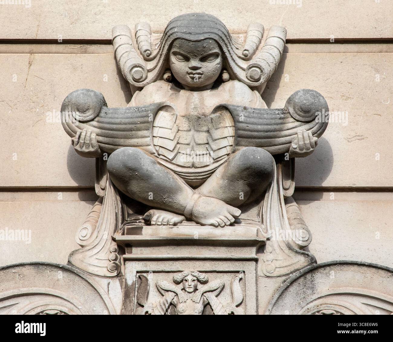Liverpool, UK - September 20th 2024: Close-up of a stone sculpture on the exterior of the Martins Bank Building on Water Street in Liverpool, UK. Stock Photo