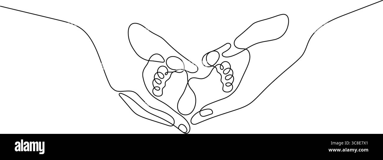 baby feet holding hands one line drawing continuous handdrawn minimalist decorative Stock Vector