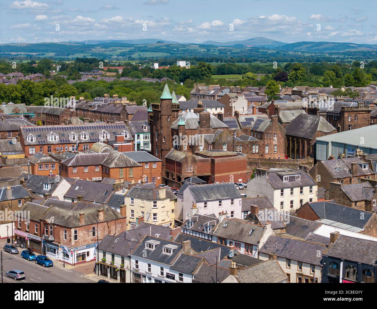 Aerial view of Dumfries town centre featuring the historic Midsteeple building, Dumfries and Galloway, Scotland, UK Stock Photo