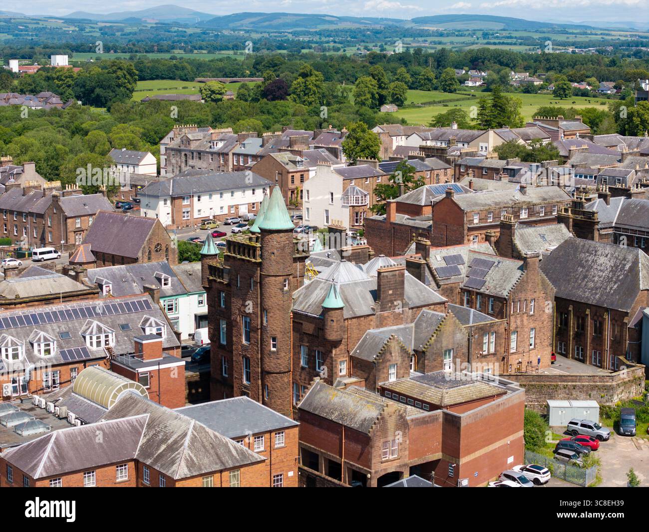 Aerial view of Dumfries town centre with the historic Midsteeple building, Dumfries and Galloway, Scotland, UK Stock Photo
