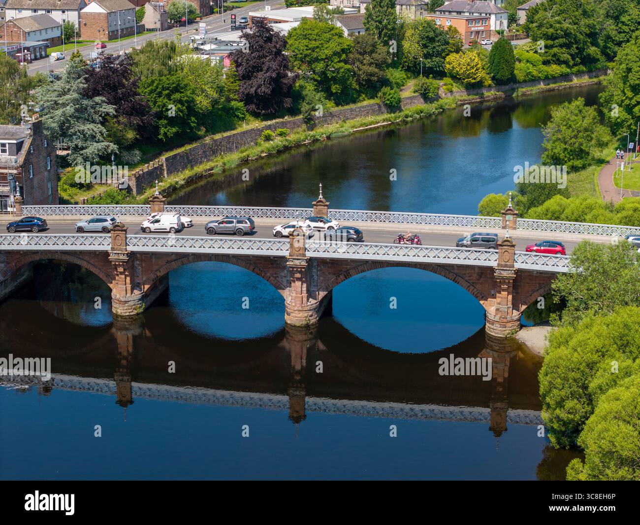 Aerial view shows Buccleuch Street Bridge crossing the River Nith in Dumfries, Dumfries and Galloway, Scotland, UK Stock Photo