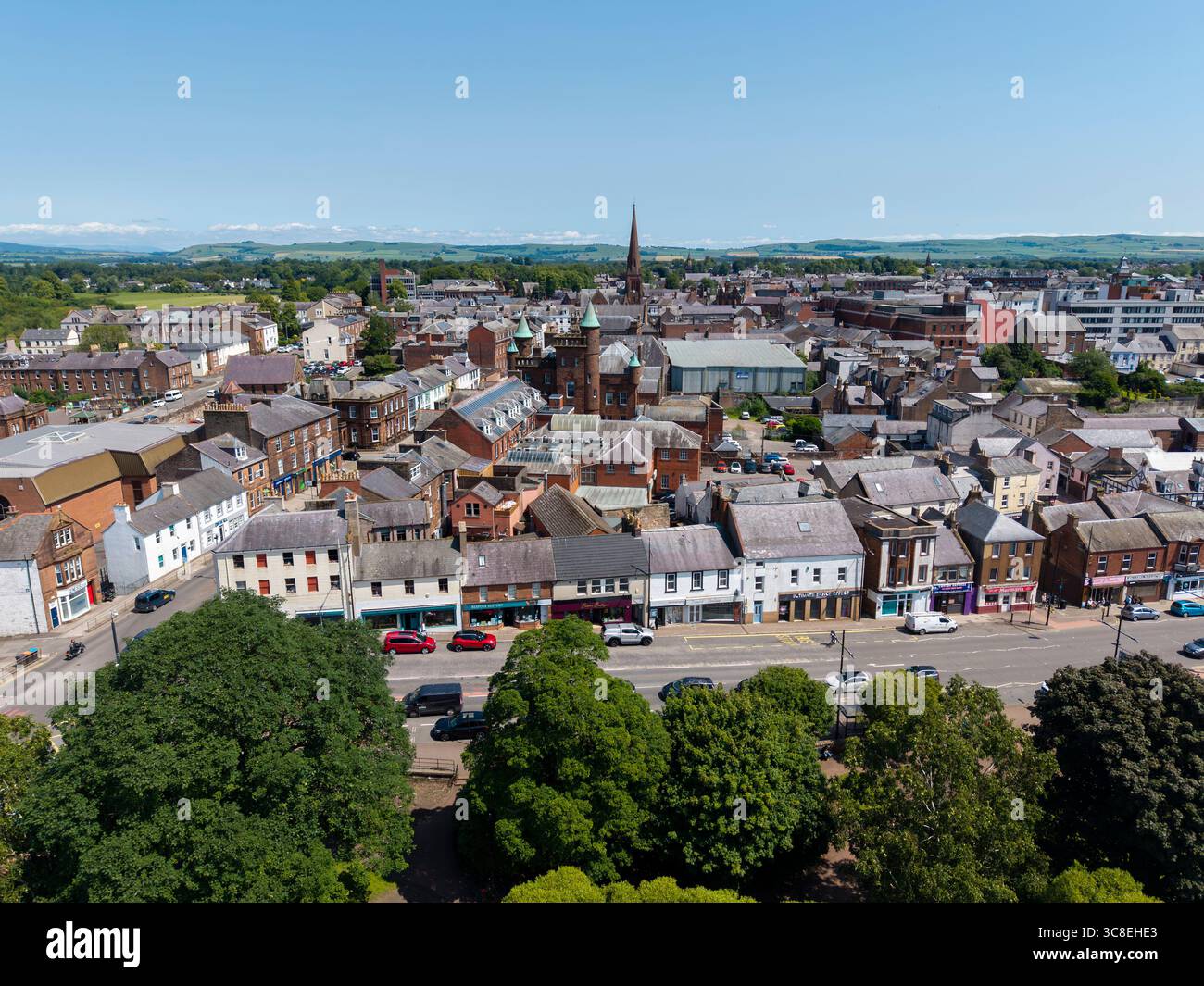 Aerial view shows the compact city centre of Dumfries, Dumfries and Galloway, Scotland, UK Stock Photo