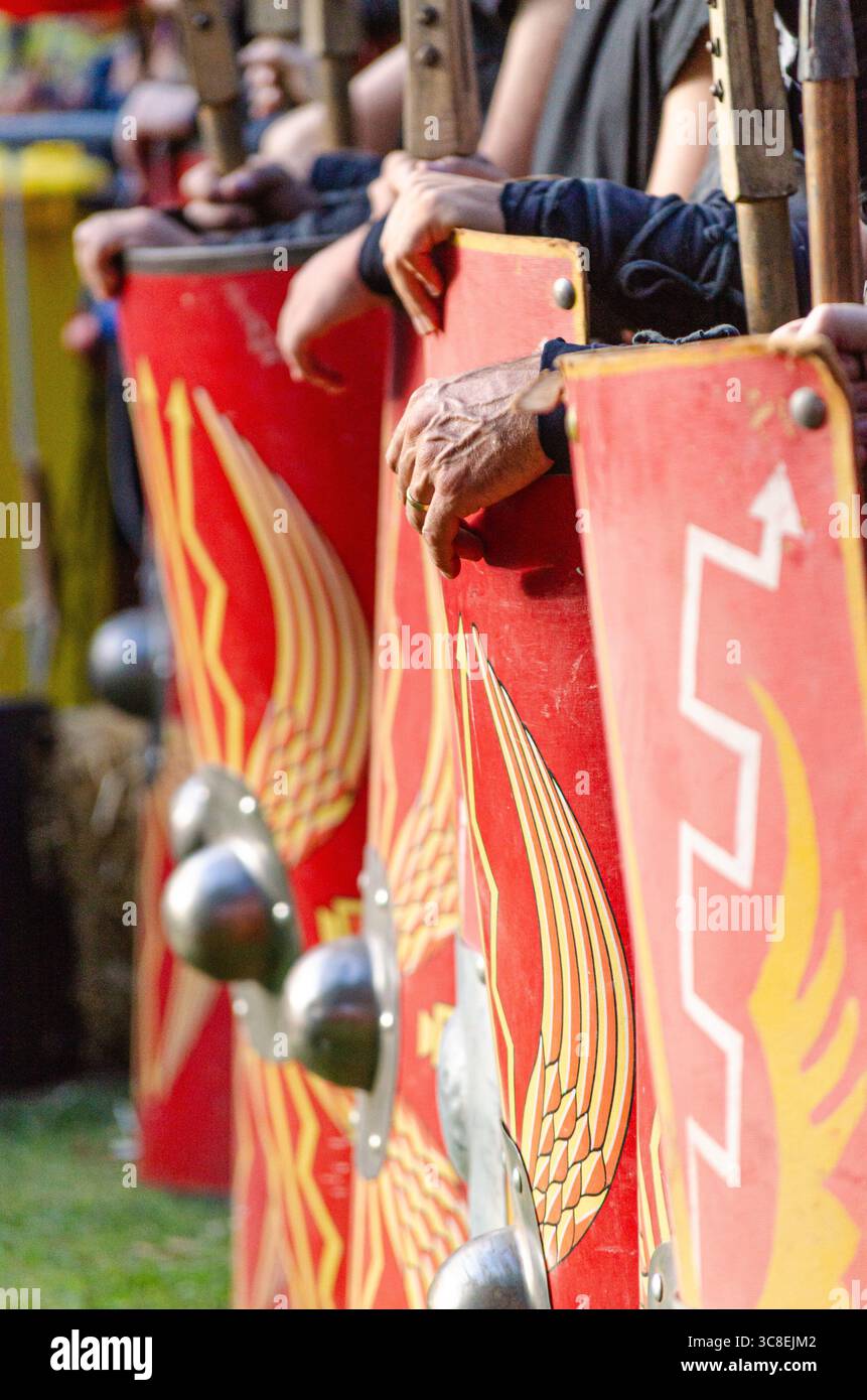 A legion of Roman soldiers waiting with their iconic red shields Stock ...