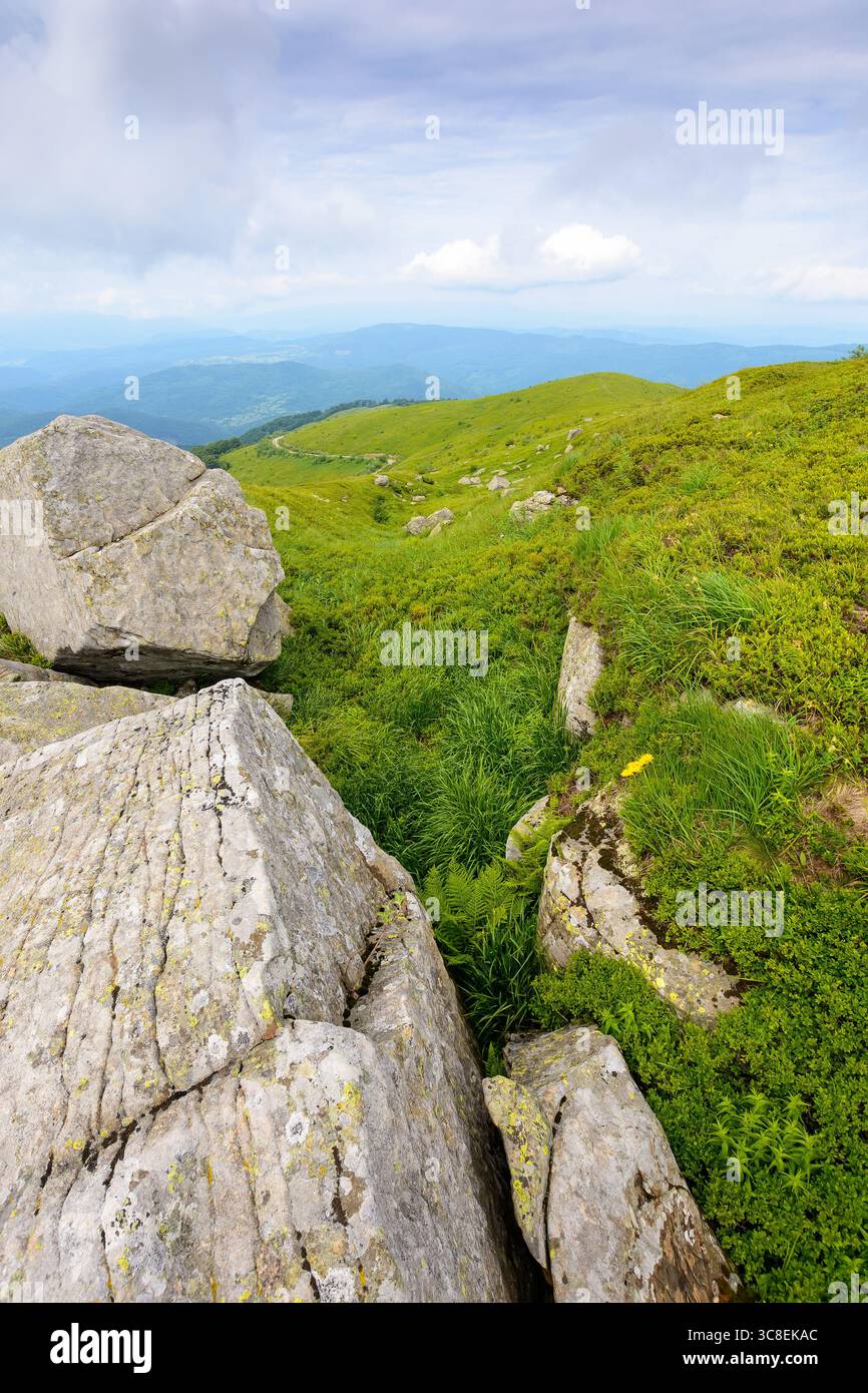 beautiful nature in mountain of ukraine on a cloudy day. hiking environment with rock and grass on the hills. view from the top in to the distant vall Stock Photo
