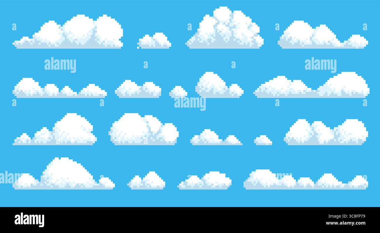 Pixel clouds. Retro game graphic asset, 8 bit landscape design elements ...