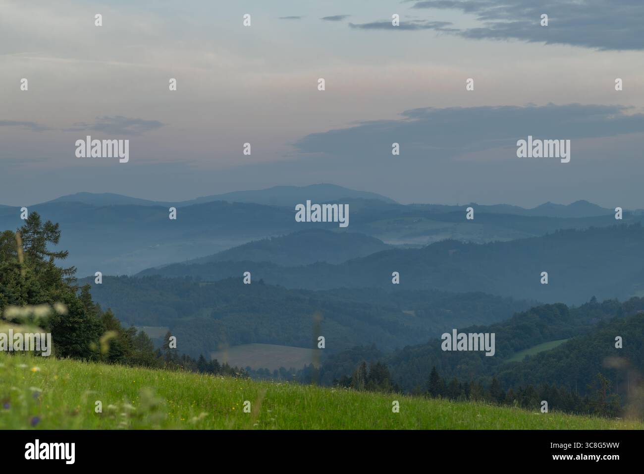 Morning summer view for Beskydy mountains in color fresh blue hour cloudy Stock Photo