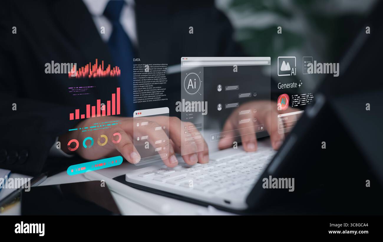 Businessman using AI tools and big data analytics on virtual screen at workplace. Technology, business intelligence, digital transformation concept. Stock Photo
