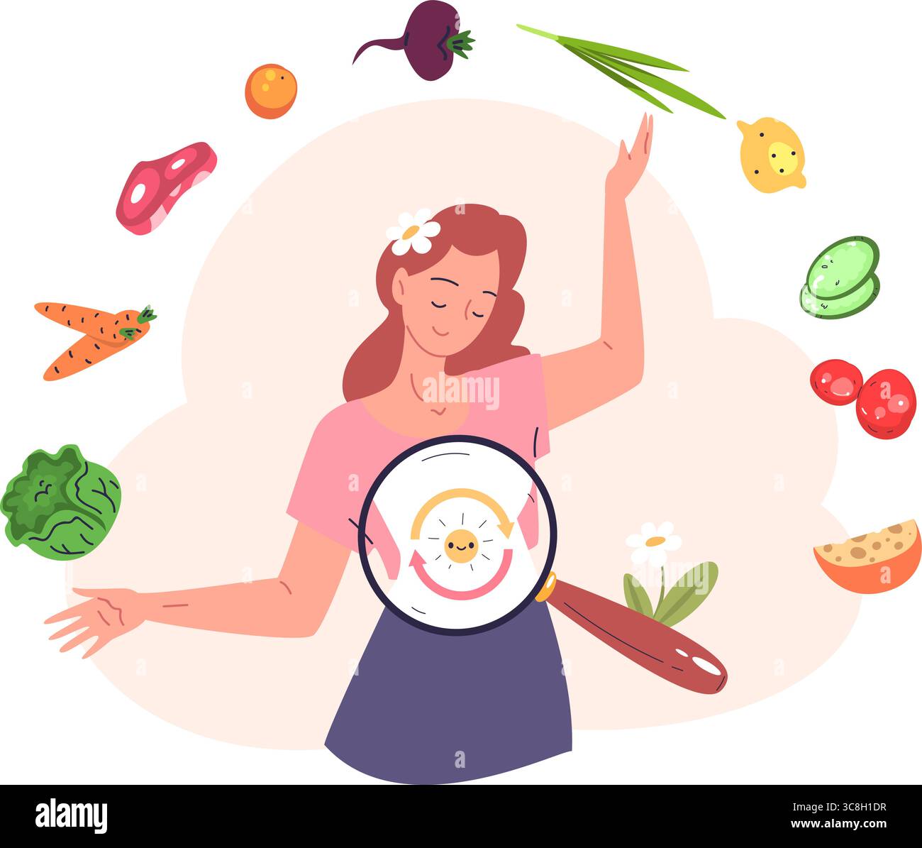 Human body metabolism. Woman metabolic system process, healthy food ...