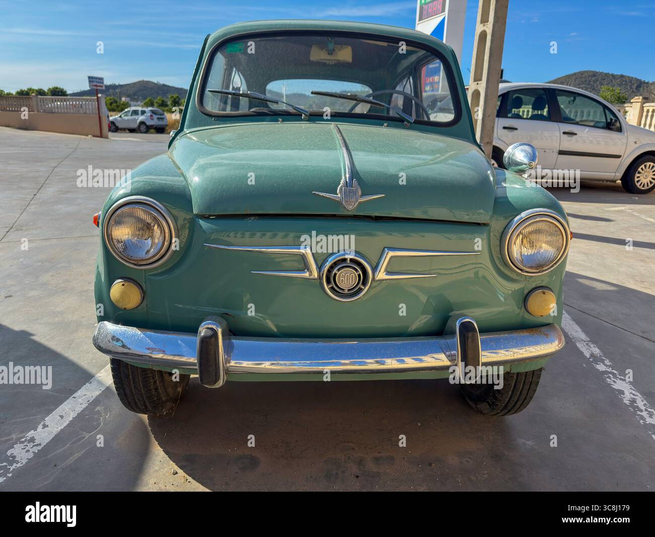 Green Vintage Seat 600 Parked in Sant Antoni de Portmany, Ibiza, Balearic Islands, Spain: Phillip Roberts - Smartphone Captured Stock Image