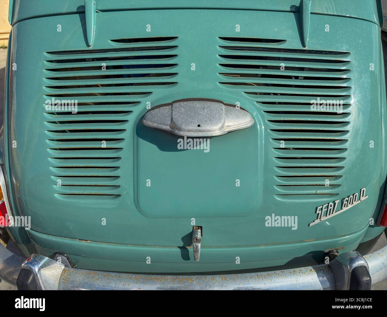 Green Vintage Seat 600 Parked in Sant Antoni de Portmany, Ibiza, Balearic Islands, Spain: Phillip Roberts - Smartphone Captured Stock Image